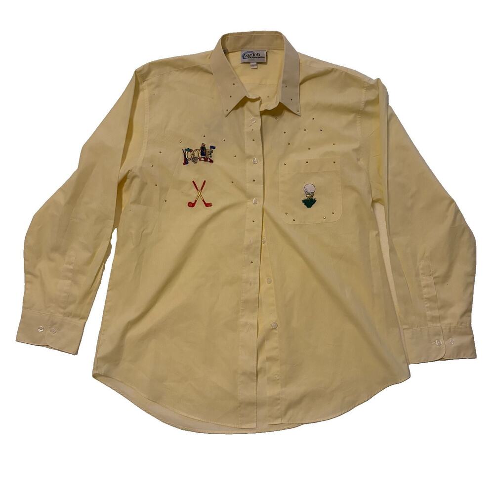 Las Olas Vtg Pinstripe Yellow Golf Embroidered Studded Button Shirt